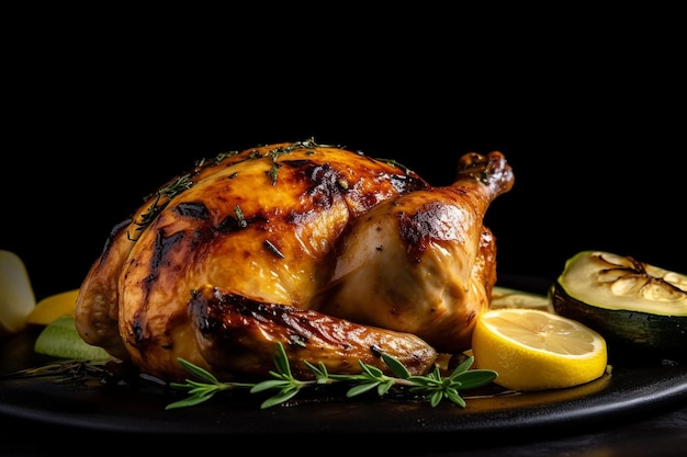 A roast chicken with lemon wedges on a black background