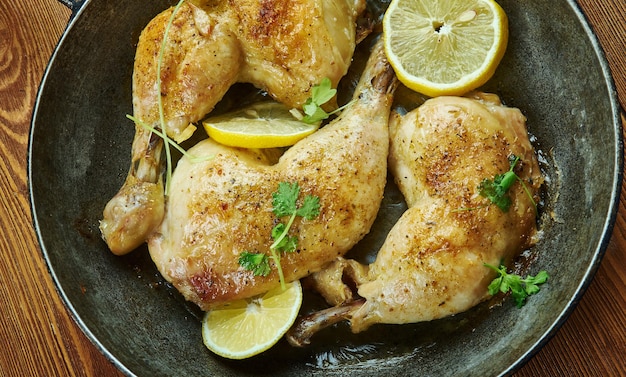 Photo roast chicken with sumac, za'atar, and lemon,  traditional palestinian dish