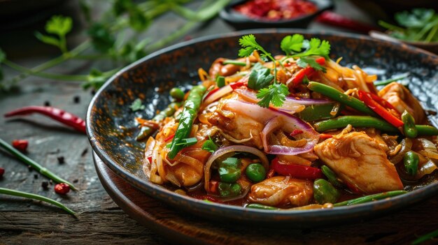 写真 暗い背景の暗い皿に野菜で焼いた ⁇ 肉