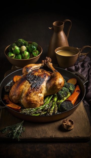 A roast chicken with vegetables on a table