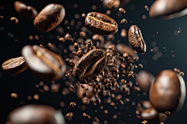 焼いたコーヒー豆がウィーンのアクショニズムのスタイルで落ちる