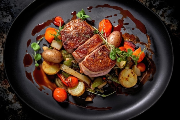 Roast duck fillet with vegetables on black plate