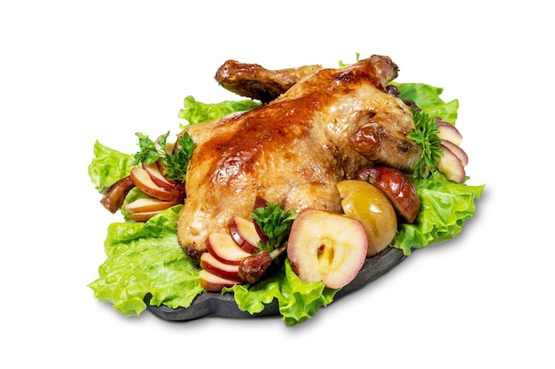 Roast duck stuffed with baked apples isolated on white. Christmas baked duck.