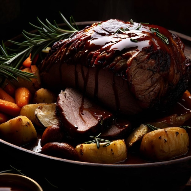 Roast duck with potatoes and rosemary on a dark background