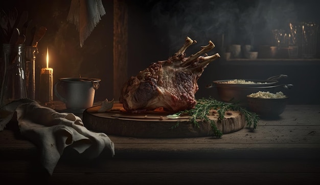 A roast lamb sits on a cutting board in a dark room with a smokey background.