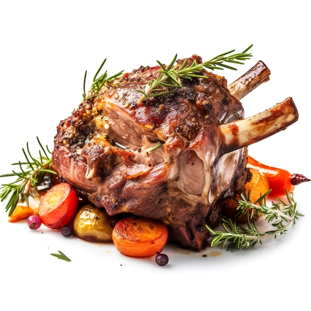 A roast lamb with vegetables on a white background