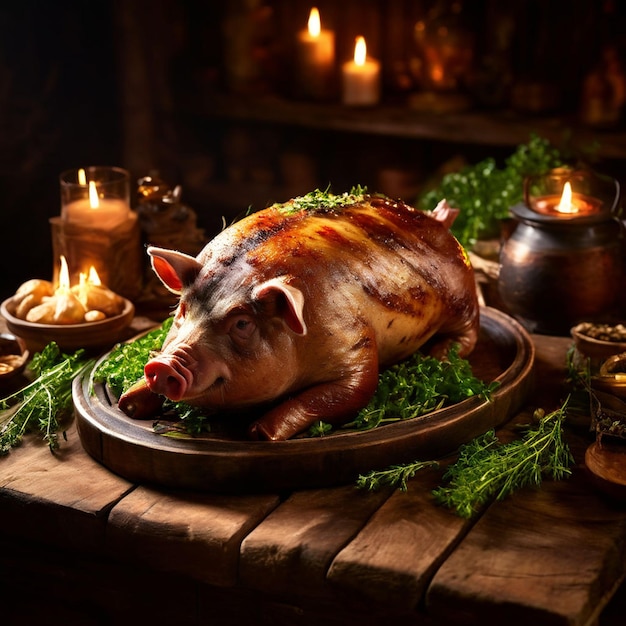 Roast pig with dill and parsley on a wooden table