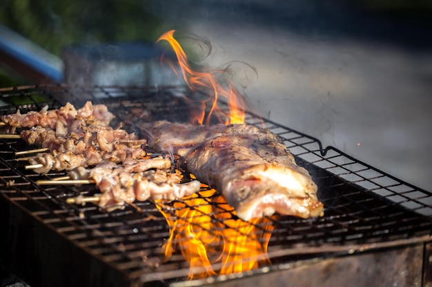 Roast pork on a charcoal flame