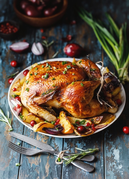 Roast whole chicken with roast vegetables on plate on a table