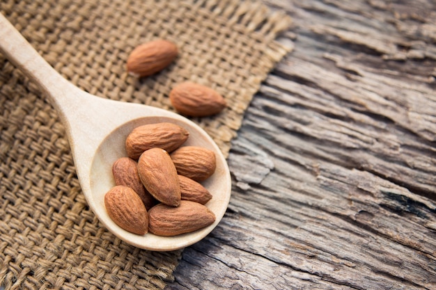 Roasted almond seed on wooden spoon 