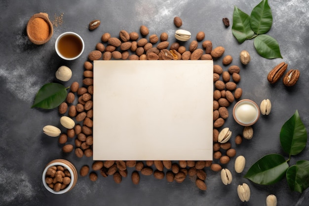 写真 コーヒー豆と焼いた豆の背景 白いエプティボードのトップビュー