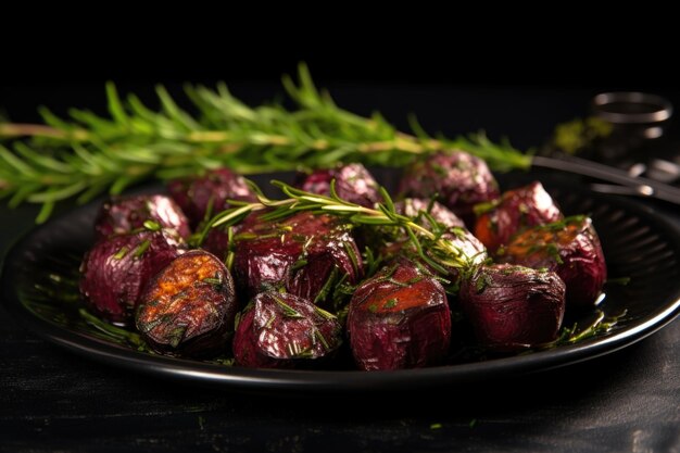 Foto barbabietole arrostite con erbe alimentari su un piatto nero sullo sfondo scuro