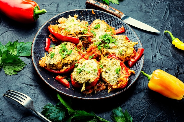 Roasted bell peppers stuffed with rice and meat