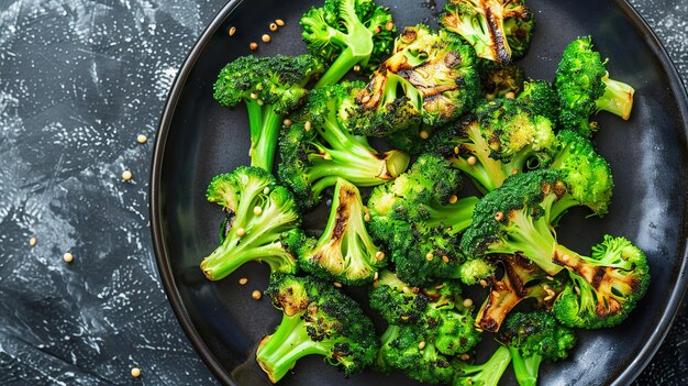 Roasted broccoli topped on plate top view copy space