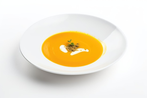 Roasted butternut squash soup on a modern white plate generative AI