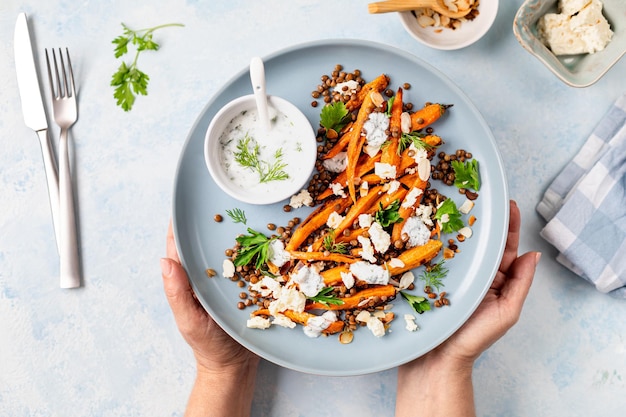 Roasted Carrot Lentil Salad with Feta Yogurt and Dill