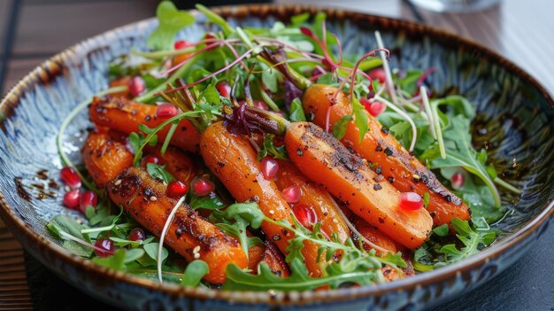 Roasted carrot salad with microgreens and pomegranate seeds on a ceramic plate