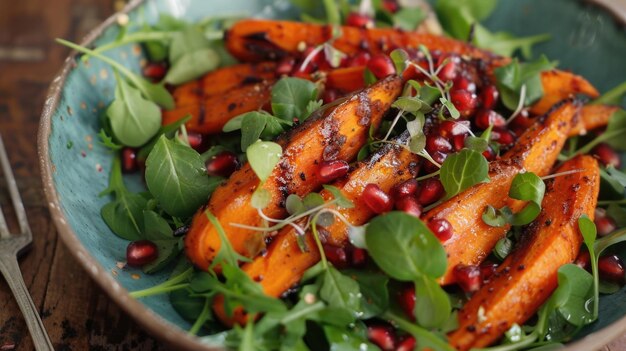 Roasted carrot salad with microgreens and pomegranate seeds on a ceramic plate