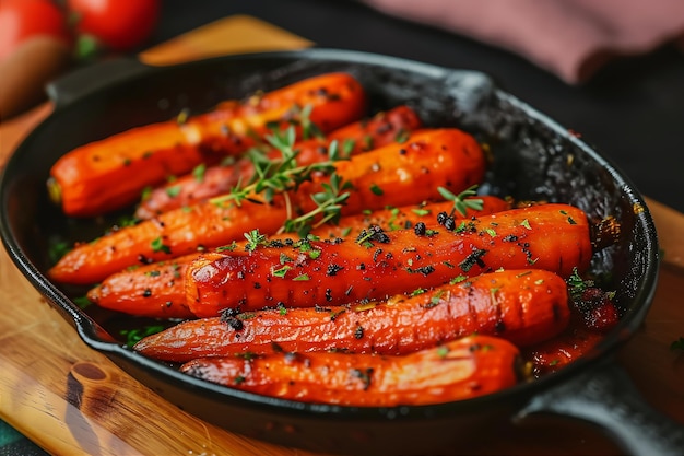 Roasted Carrots in Au Gratin Pan on Wooden Surface