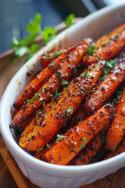 Roasted carrots with herbs in a white ceramic dish Closeup food photography