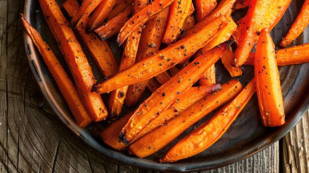 Roasted carrots with herbs in a white ceramic dish Closeup food photography