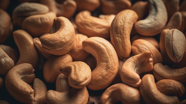 Photo roasted cashew nuts on a dark background selective focusgenerative ai