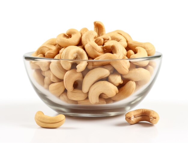 Photo roasted cashew nuts inwhite bowl on white background