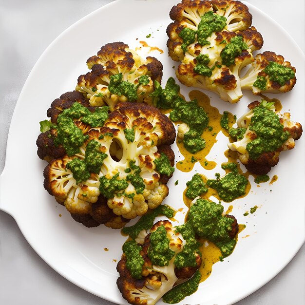 Roasted cauliflower with pesto sauce on a white plate
