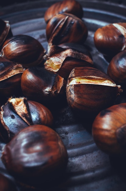 Roasted chestnuts in a pan