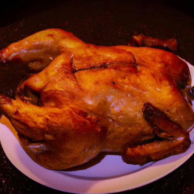 Roasted chicken baked whole chicken grilled on white plate and dark background on top view