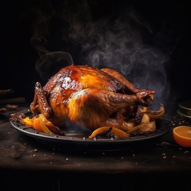 Foto pollo arrosto su un piatto nero