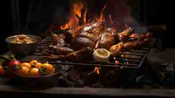 Photo roasted chicken drum stick chest and sirloin beef