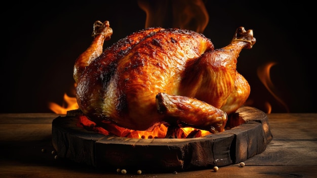 Roasted chicken full of crispy golden brown skin with fresh green thyme leaves on dark wooden board