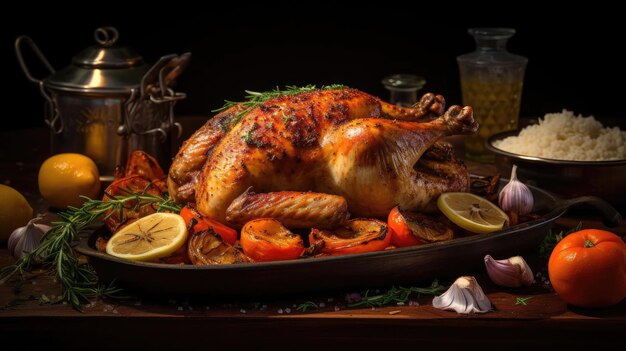 Roasted chicken and garlic topped with greens and lemon on a wooden table with blur background