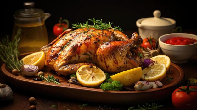 Roasted chicken and garlic topped with greens and lemon on a wooden table with blur background