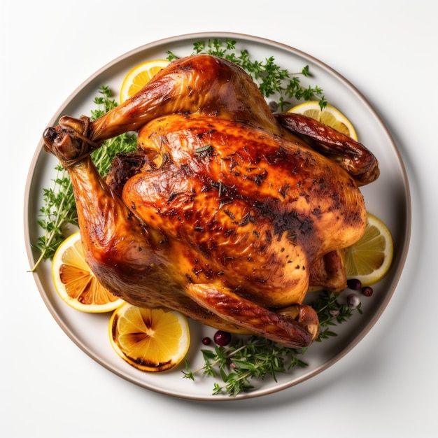 roasted chicken on isolated white background top view