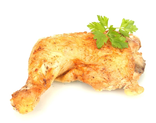 Roasted chicken leg with parsley isolated on white