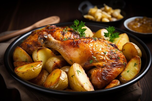 Roasted chicken leg with potatoes with caraway and garlic