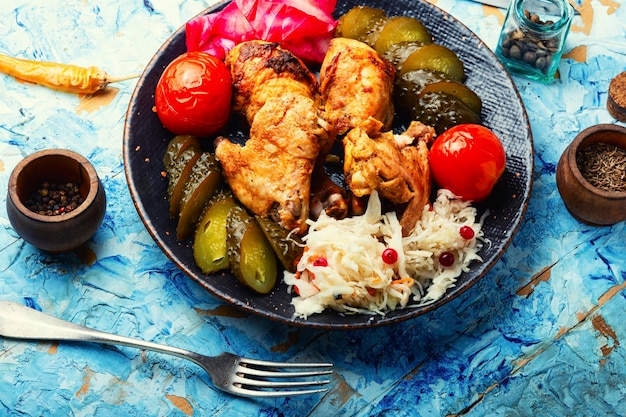 Roasted chicken meat and pickles