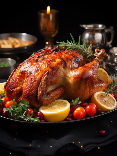 Roasted chicken on a plate with vegetables Thanksgiving day Generated by AI