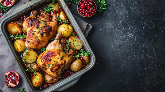 Roasted chicken in pomegranate sauce with potatoes in a gray ceramic mold Dark background Top view Copy space