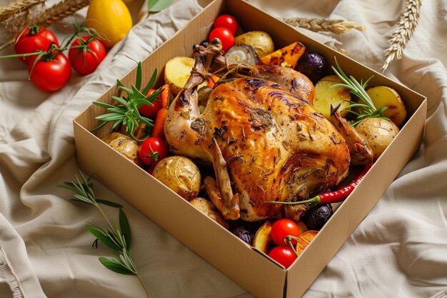 Roasted chicken and vegetables in a delivery box