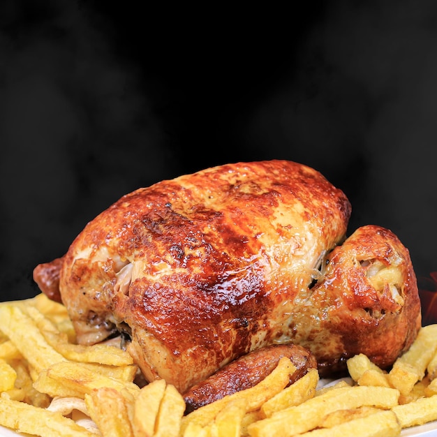 Roasted chicken whole chicken grilled with French fries for design