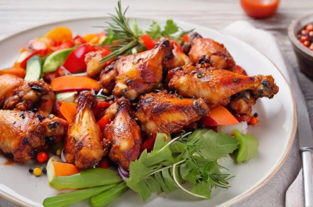 Roasted chicken wings in barbecue sauce and mixed vegetable salad with pepper seeds rosemary