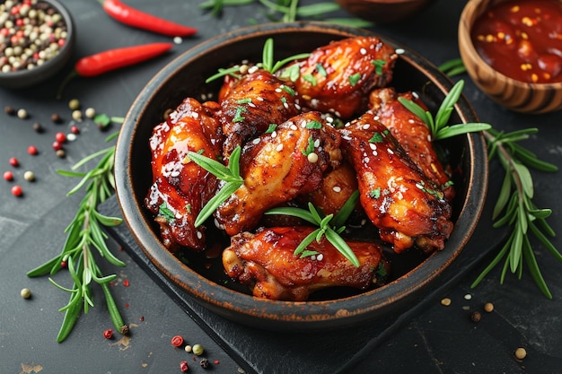 Photo roasted chicken wings in barbecue sauce with pepper seeds rosemary