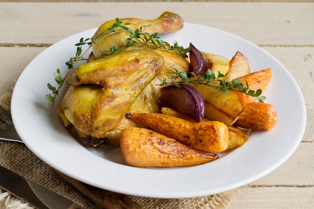 Roasted chicken with carrots and thyme.