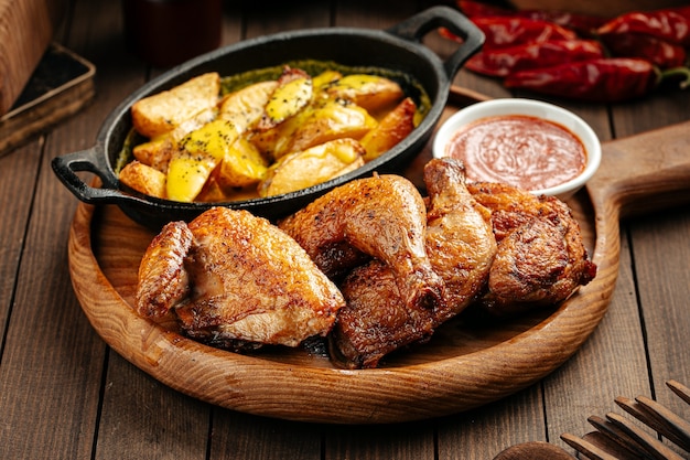 Жареный цыпленок с картофелем и красным соусом