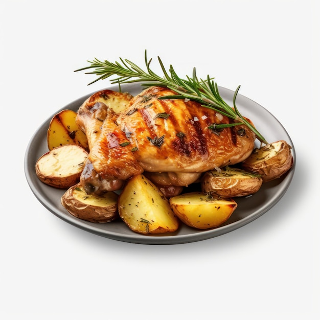 Roasted chicken with potatoes and rosemary in a baking dish isolated on white background