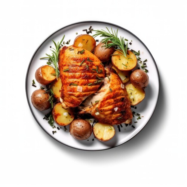 Roasted chicken with potatoes and rosemary in a baking dish isolated on white background