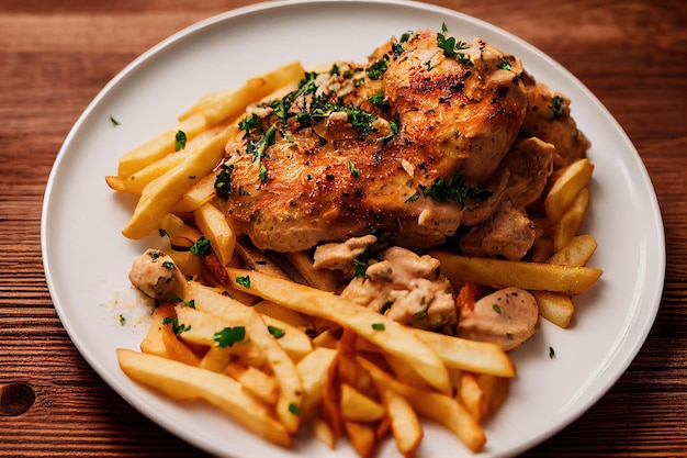 Roasted chicken with rice and french fries on the table selective focus